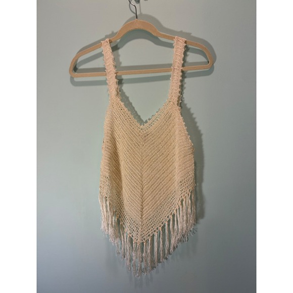 Earthbound Trading Co. Tops - Earthbound Trading Co Ivory Crochet Knit Fringe Tank Top Boho Festival Large